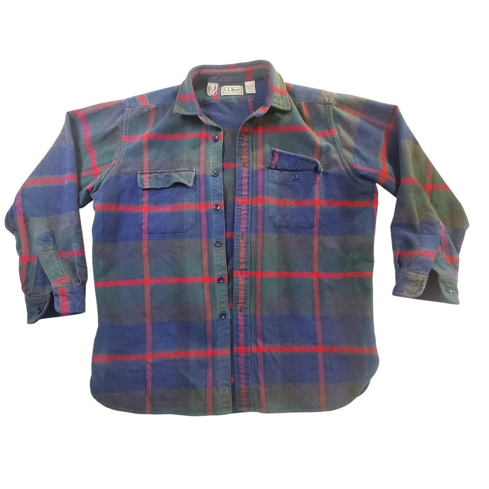 LL Bean Flannel Cloth Chamois Shirt Mens L Blue Green Red Plaid Cotton Button Up